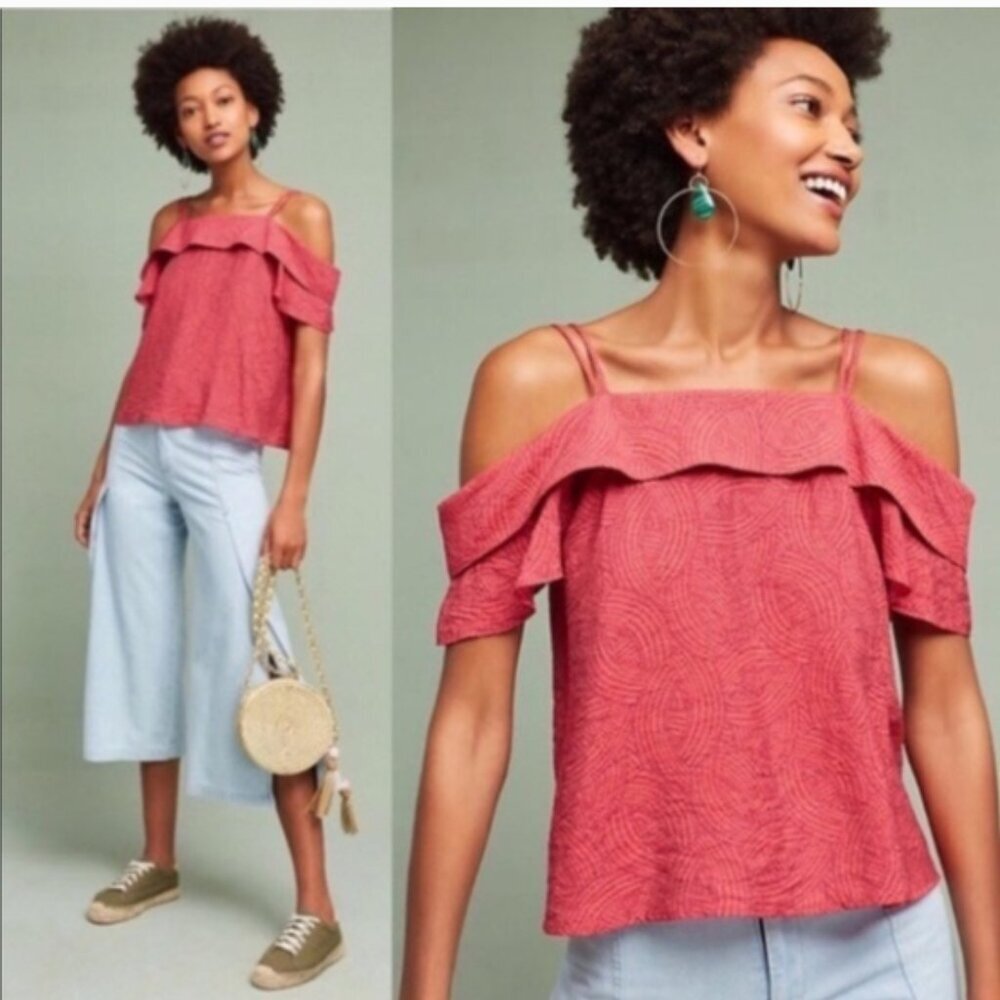 Anthropologie Maeve Mandalay Open Shoulder Red/Pink Print Blouse Top L OB587553 - Picture 2 of 11